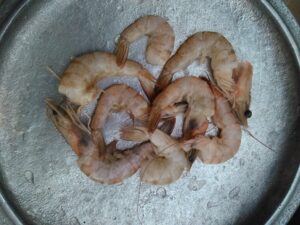 Un plateau de crevettes fraîches prêtes à être cuisinées.