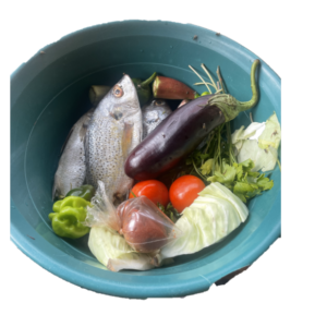 Poisson, chou, tomate, huile rouge, manioc, citron et oignon présentés comme condiments.