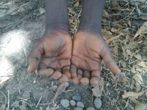 Les mains ouvertes d'un enfant noir tendues vers le ciel, sous l'ombre d'arbres.