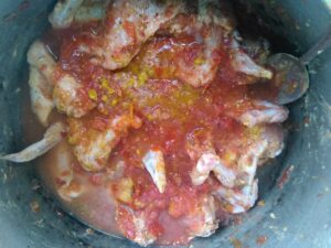 "Viande de poulet découpée et assaisonnée avec des tomates, prête pour la cuisson."