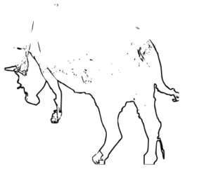 Vache africaine dessinée de manière cartoon, avec des lignes simples et des couleurs vives, dans un enclos extérieur.